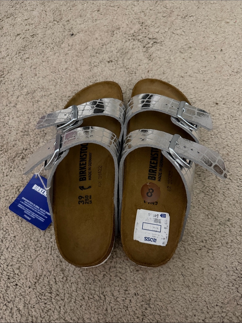 Birkenstock Metallic Silver Croc-Embossed Two-Strap Sandals - Picture 4 of 5